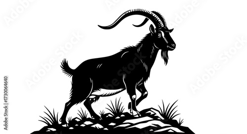 Vector art of a majestic black goat stands proudly atop a rocky outcrop, its long, curved horns reaching towards the sky, the goats silhouette is striking against the white backdrop