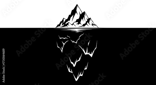 Vector art of a stark black and white illustration showcases an iceberg, its jagged peak rising above the waterline, mirrored by an equally imposing, submerged mass beneath the surface