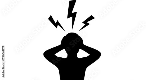 Vector art of silhouette of a person with hands on head, surrounded by lightning bolts, symbolizing stress, anxiety, or mental health challenges