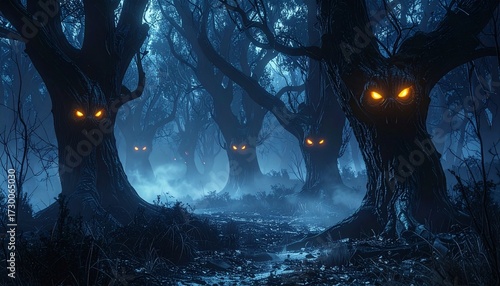 Mysterious dark forest with glowing eyes in trees at night