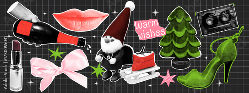 Retro halftone New Year collage. Bottle of champagne, bow, lipstick, Santa, Christmas tree, cassette tape. Vintage dotted elements. 
