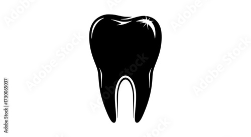 Vector art of a striking silhouette of a molar tooth, rendered in stark black against a pristine white backdrop, , embodying dental health and oral hygiene