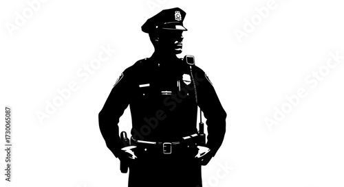 Vector art of silhouette of a police officer standing guard, representing law enforcement, security, and protection, ideal for crime, justice, and safety themes