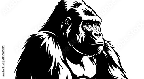 Vector art of a striking black and white illustration of a gorilla, showcasing its powerful build and intense gaze, the artwork captures the essence of this majestic creature