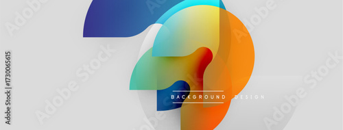Abstract colorful shapes overlap, creating dynamic visual effect. Gradient hues blend smoothly on light gray backdrop. Modern design element.