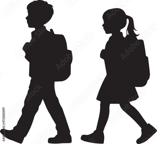 children walking to school with backpack silhouette vector illustration
