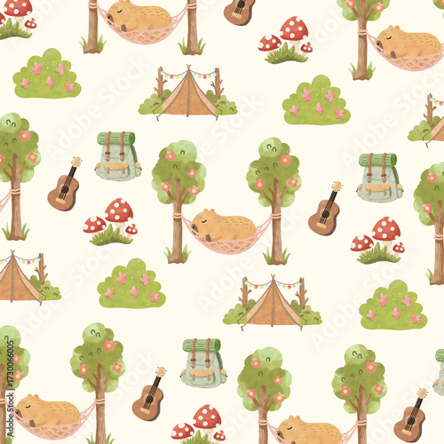 Capybara Camping Seamless Patterns