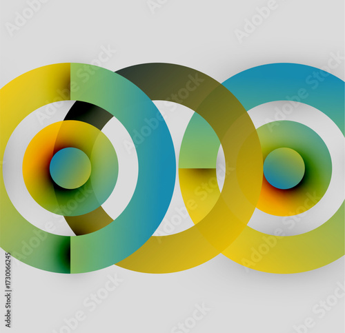 Abstract circles overlap, creating vibrant color gradients. Yellow, green, teal, dark shades blend seamlessly. Modern design, simple geometry.