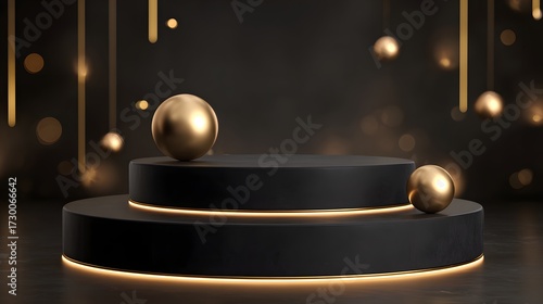 Black and Gold Luxury Podium with Glowing Edge Lights and Metallic Spheres