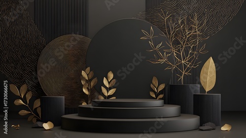 Black and Gold Luxury Podium with Abstract Botanical Accents – 3D