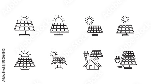 Set of outline solar panel icons showing energy generation and eco-friendly power solutions vector
