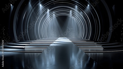 Black Stage with Golden Neon Arches and Spotlights