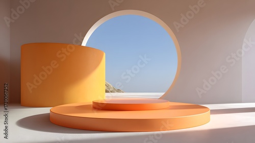 Bold Orange Round Podium with Circular Window and Seaside View