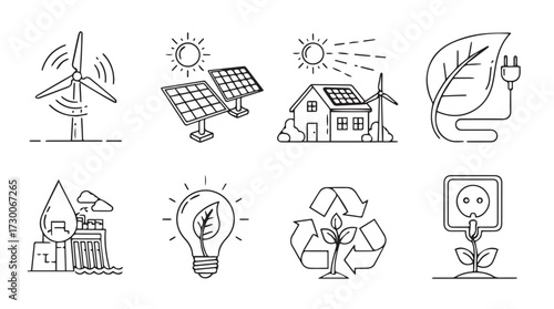 Hand drawn renewable energy icons set green concepts clean energy sources sustainable lifestyle elements vector