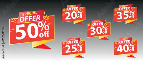 Discount buy now label pop-up banner with different sale percentage. 20, 25, 30, 35, 40, 50 percent off price reduction badge promotion, red discount sale tags with percentages	