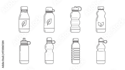 Collection of diverse drink bottles in line art style with different lids and shapes vector