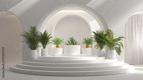 Bright Arch Interior with Plants and White Round Tiered Podium