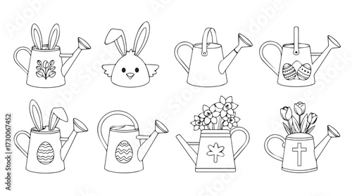 Cute easter themed watering cans filled with spring flowers and easter eggs vector