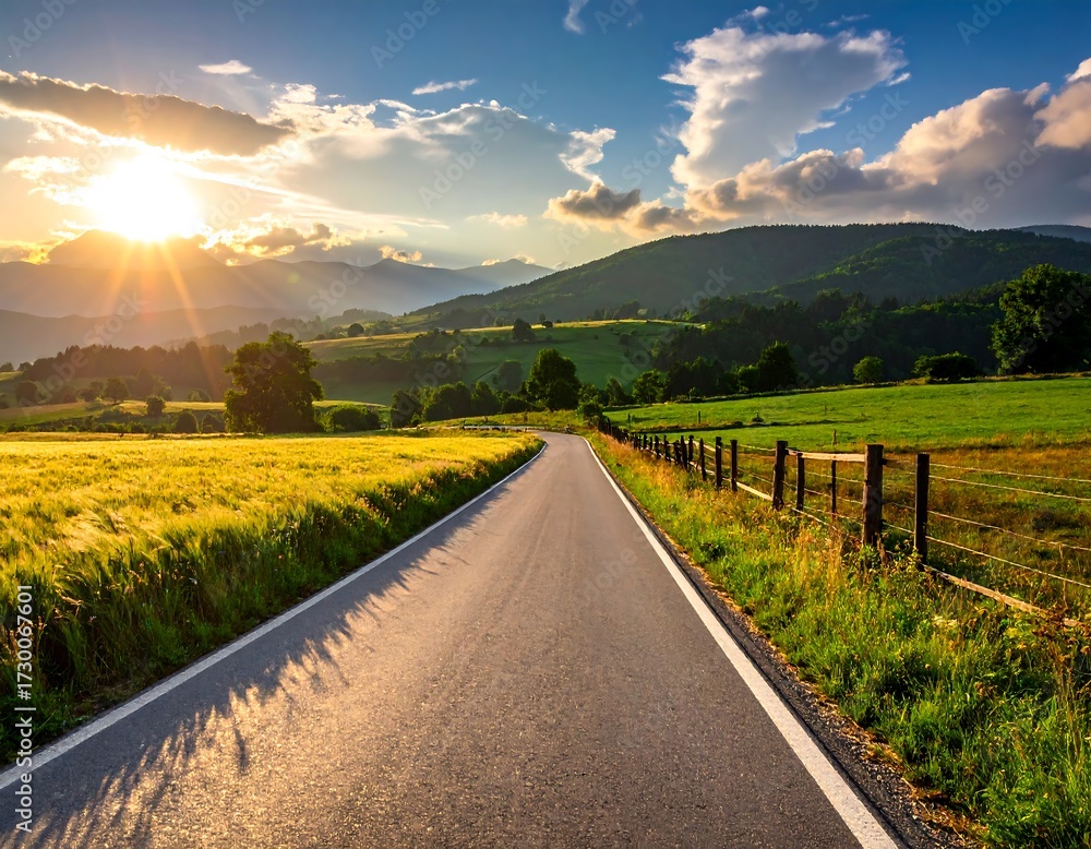 Naklejka premium Country road at sunset