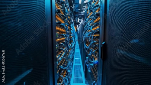 High tech data center glowing servers and connected cables powering futuristic it infrastructure cloud computing and secure digital network systems