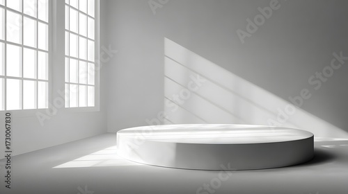 Bright White Hall with Columns, Grid Windows and Round Platform