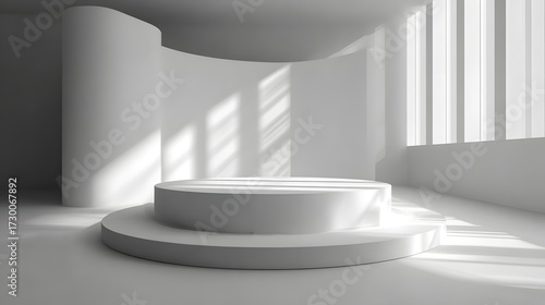 Bright White Hall with Columns, Grid Windows and Round Platform