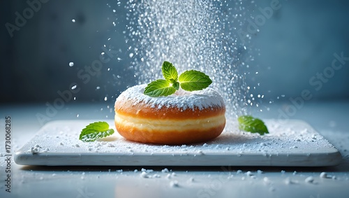 A delicious donut with sugar and mint on a white board is presented nicely
