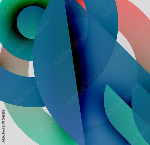 Abstract shapes overlap, creating vibrant color blends. Blues, greens, reds dominate composition. Smooth gradients define forms.
