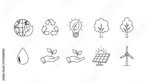 Hand drawn eco icons set representing sustainability green energy and environment protection concepts vector