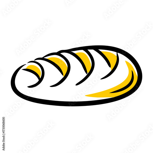 A hand-drawn doodle-style icon of a baguette or loaf of bread with a yellow accent, suitable for bakery, food, restaurant, or grocery websites/blogs, or apps.
