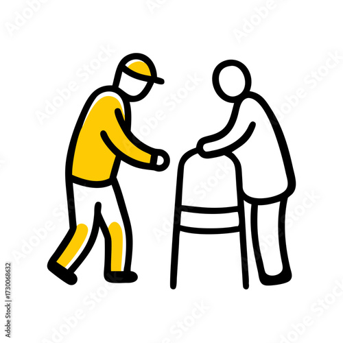 A hand-drawn icon of a caregiver assisting an elderly person with a walker. Great for blogs on elder care, support, health, or senior living
