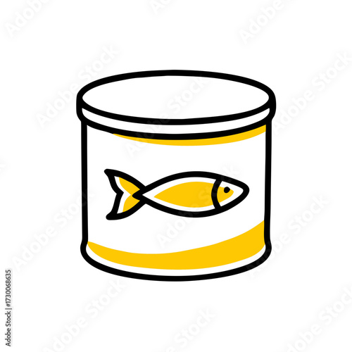 hand-drawn, minimalist icon of a white tin can with a yellow fish symbol, isolated on white. Great for blogs on pet food, seafood, or grocery items