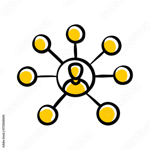 A hand-drawn icon representing a central person connected to multiple others, symbolizing networking or community. Ideal for blogs on social media, business, or communication
