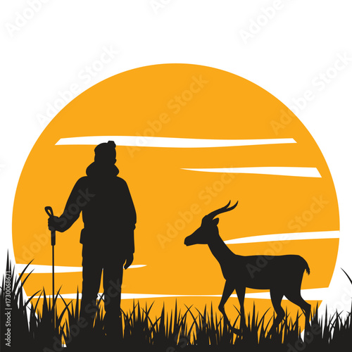 Silhouette of Man and Deer at Sunset | Wildlife and Nature Vector Illustration