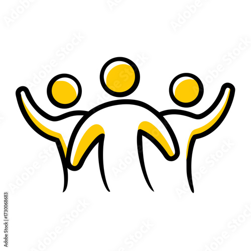 Simple graphic icon of three stylized people with arms raised in unity or celebration (black outline, yellow fill). Ideal for non-profit organizations, teamwork concepts, community blogs