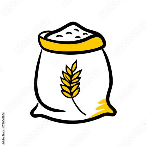 Simple cartoon icon of a sack filled with grain or flour, featuring a yellow wheat stalk. Great for food blogs, agricultural websites, grocery delivery services, or baking and cooking apps.

