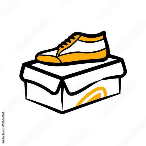 A sketchy style icon of a yellow and white sneaker resting on an open cardboard box. Perfect for websites or blogs about e-commerce, shipping, delivery, footwear, returns, or retail purchases.

