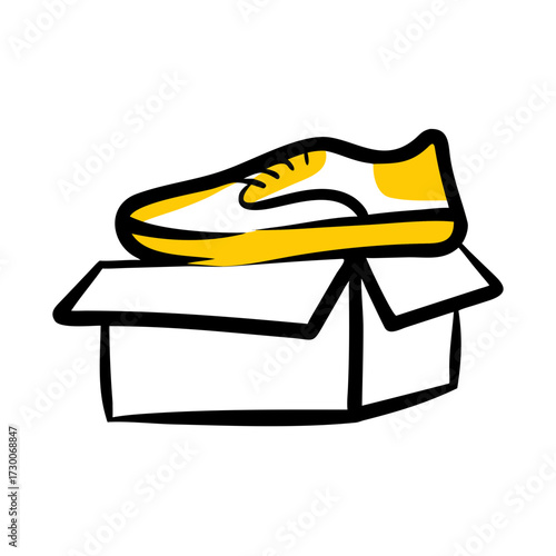 A sketchy style icon of a yellow and white sneaker resting on an open cardboard box. Perfect for websites or blogs about e-commerce, shipping, delivery, footwear, returns, or retail purchases.

