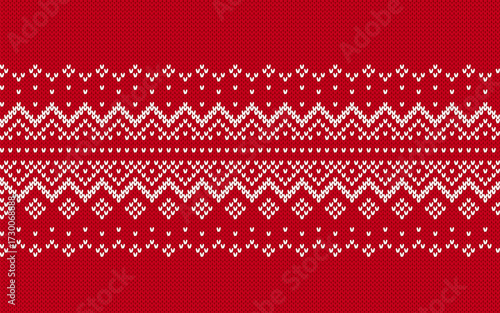 Red Christmas ornament. Fair isle traditional holiday seamless background. Xmas print border. Red knitted geometrical pattern. Festive sweater. Vector illustration.