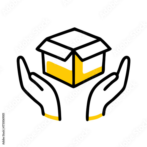 A modern outline-style icon showing hands holding a shipping box with a yellow accent, great for e-commerce, delivery, insurance, or logistics websites/blogs, or apps.
