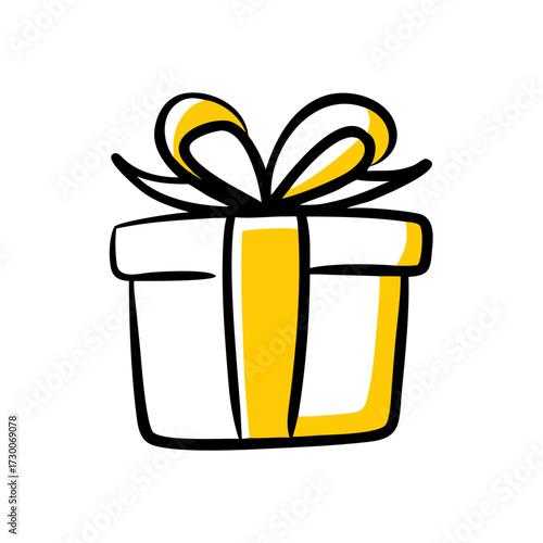 Simple cartoon icon of a white and yellow gift box with a bow. Perfect for e-commerce promotions, loyalty program announcements, holiday greetings, or blog posts about giving.

