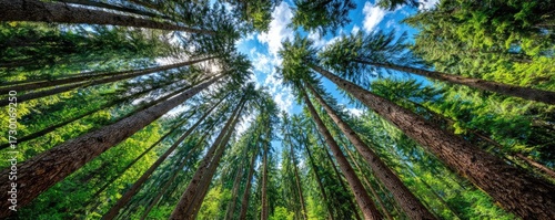 Trees in forest rising toward blue sky concept. Majestic tall trees reaching towards a vibrant blue sky.