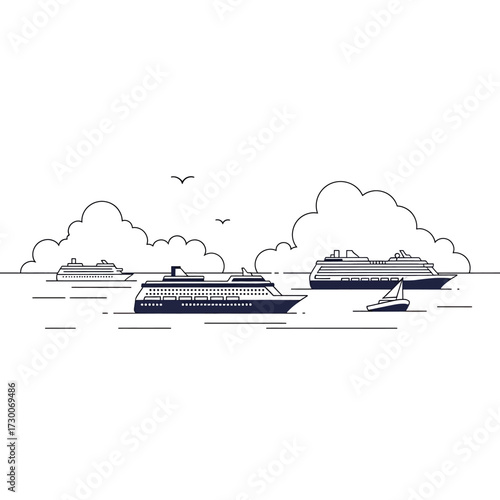 A minimalist line art illustration of cruise ships and a sailboat on the sea with clouds and islands in the background.