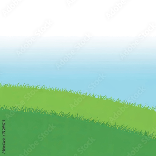 Illustration of a grassy hill against a blue and white sky.