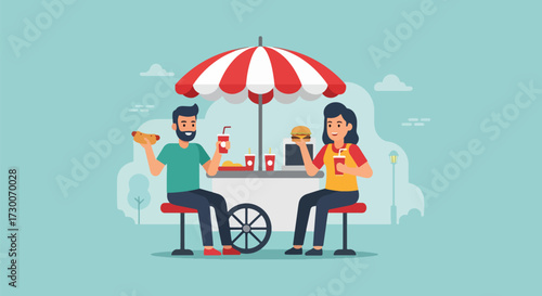 Adobe illustrator artwork vector illustration: Happy couple enjoys hot dogs and pretzels at a street food stand in the city, perfect for urban lifestyle and casual dining themes