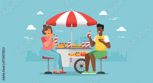 Adobe illustrator artwork vector illustration: Happy couple enjoys hot dogs and pretzels at a street food stand in the city, perfect for urban lifestyle and casual dining themes