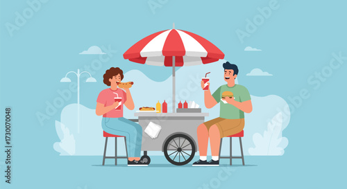 Adobe illustrator artwork vector illustration: Happy couple enjoys hot dogs and pretzels at a street food stand in the city, perfect for urban lifestyle and casual dining themes