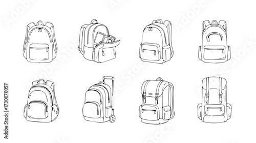Collection of hand drawn backpack icons diverse styles for travel and school use vector