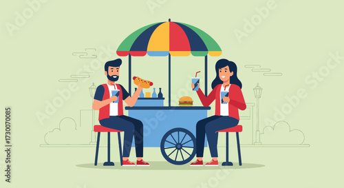 Adobe illustrator artwork vector illustration: Happy couple enjoys hot dogs and pretzels at a street food stand in the city, perfect for urban lifestyle and casual dining themes