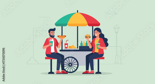Adobe illustrator artwork vector illustration: Happy couple enjoys hot dogs and pretzels at a street food stand in the city, perfect for urban lifestyle and casual dining themes